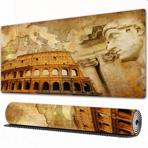 FEHWI Grand Tapis de Souris de Jeu avec Bords surpiqués et Dos antidérapant,sous-Main pour Clavier et Souris,Rétro, Empire Romain Concept Colonnes célèbres Sculpteur Colisée Carte,90×40 cm