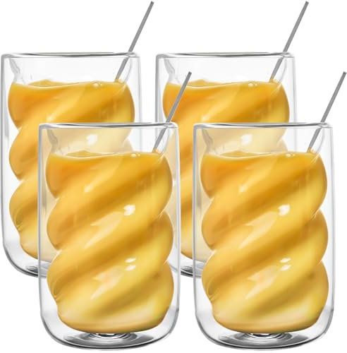 Tasse a Cafe Double Paroi: 4 X 350 Ml Tasse Double Paroi Avec 4 Cuillères, Transparent Tasse Verre Double Paroi, Spirale Verres à Expresso à Double Paroi Résistantes à La Chaleur Pour Café, Jus