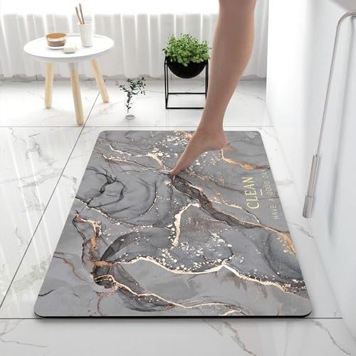 Lukery Kieselgur Badematte rutschfeste, Marmor Rechteck Schnelltrocknend Absorbierende Bodenmatte, Abwaschbar Kieselgur Badematten für Dusche Badewannen Küche (Dunkles Silbergrau,80x120cm)