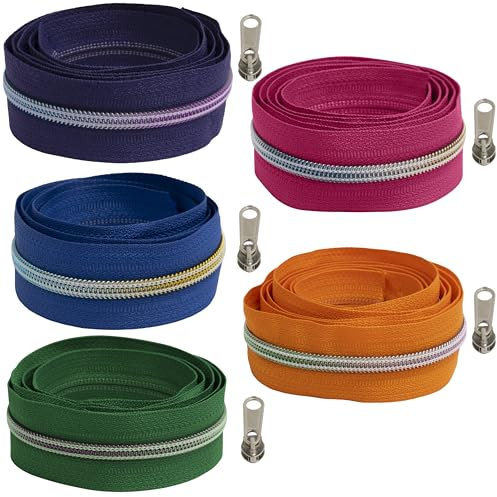 Aerzetix - Kit di Cerniera Lampo a Spirale 5x1 m N°5 - Colore Verde Magenta lillà Scuro Blu Arancione + 15 cursori N°5 Non bloccabile in Metallo - Cucito merceria Sartoria