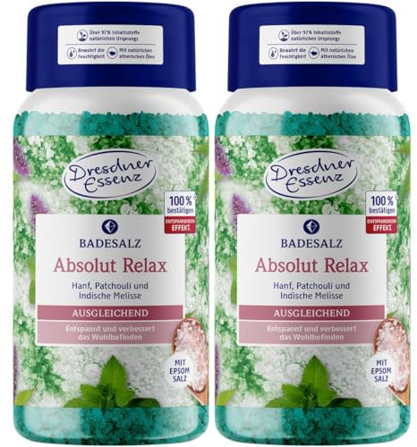 Dresdner Essenz Badesalz Absolut Relax 2 x 600g-Dose| entspannt und verbessert das Wohlbefinden mit ätherischen Ölen und magnesiumhaltigem Epsom Salz | Badekristalle