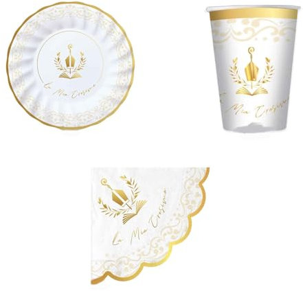 Set Tavola per Cresima, Piatti 25cm e 20cm, Tovaglioli 33x33cm e 25x25cm, Bicchieri 250cc, Decorazioni Oro e Bianco, per 6 o 12 Persone