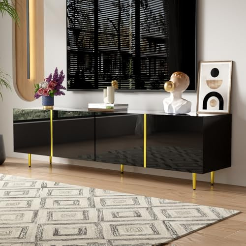 OLIVIBED Meuble TV bas à 4 portes, avec pieds dorés et espace de rangement, meuble TV brillant pour téléviseur jusqu'à 70, meuble TV pour salon, chambre à coucher, 170 x 35 x 46 cm, noir