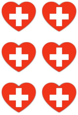 Aufkleber: 50 mm, 6 Stück - Schweiz Herz-Flagge Vinyl Aufkleber Set 6 Stück 50 mm 5 cm CH rot weiß wetterfest Auto Laptop Helm Koffer
