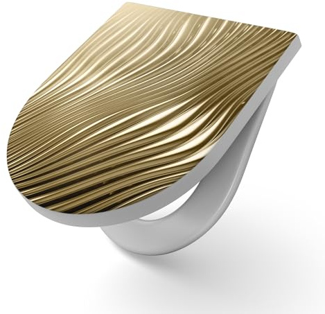 DEQORI Toilettensitz mit Motiv Goldenes Rillendesign | WC Sitz in Weiß aus Duroplast | Format 36,4x45,4 cm – antibakterielle Klobrille für D-Form WC mit Deckel – pflegeleicht & dekorativ