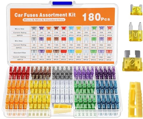 180Pcs Blade Car Fuse Assortment Kit, Micro *60 Mini *60 Standard Auto Fuses *60 & Puller & Box 2Amp 3A 5A 7.5A 10A 15A 20A 25A 30A 35A 40A for Motorcycle Automotive RV SUV Truck Boat