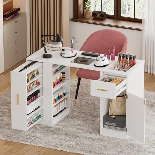 Elancee Maniküre Tisch Nageltisch mit Absaugung & 2 Staubsaugerbeuteln, Professionelle Nagelstudio Tisch, Schublade, Schließfächer und Offene Anzeigetafel für Nail Tech Studio, Kosmetikstudio (weiß)