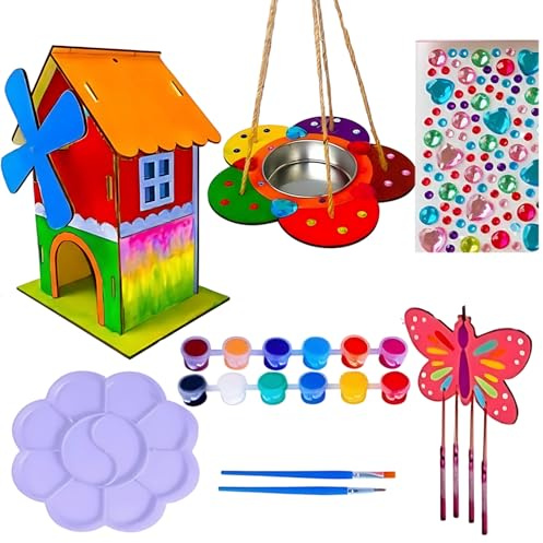 Tressify Diy Wooden Bird House Painting Kit, Includes Windmill House, Flower Feeder, Paints, Brushes, Stickers & Wind Chime, Perfect For Kids