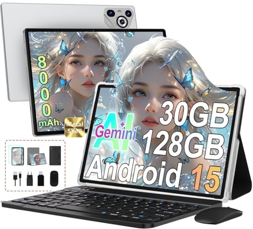 Dghrti Tablet Android 15 [30GB RAM] 128GB ROM, 10 Inch IPS HD Screen+1TB Expansion - Octo-Core, 8000mAh, Metal Body, 5MP+8MP, Face ID, Widevine L1 - with Keyboard and Mouse - Gray