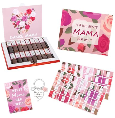 Aufkleber für Merci Schokolade 250g, Muttertagsgeschenk für MAMA, Danke Geschenk mit Schlüsselanhänger, Danke muttertag Karte und Aufklebern, Dankeschön Geschenke MAMA I Ohne Schokolade