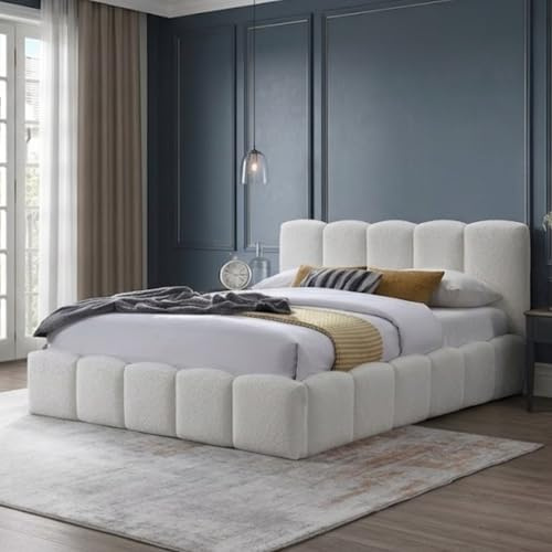 Polsterbett Doppelbett Bett Bettgestell mit Lattenrost weicher Bezug | gepolstertes Kopfteil, robustes Gestell, hoher Liegekomfort moderne Steppung Creme 140x200
