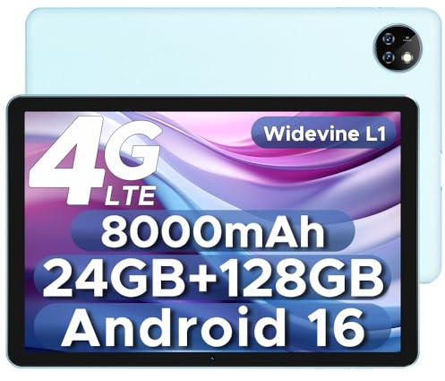 DOOGEETab T10W Android 16 Tablet 10 Pollici, 24 GB RAM + 128 GB ROM (2 TB TF), Tablet con Sim, batteria 8000 mAh, Android 4G LTE/WiFi 5, Doppia fotocamera, Bluetooth 5.0/OTG/Face ID/Type C, Blu