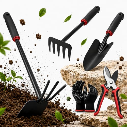 Kit 5 Herramientas de Jardinería de Metal Que Incluye Tijeras de Podar, Pala Trasplantadora, Rastrillo, Azada Doble y Guantes | Kit jardineria para Jardín, Huerto Urbano y Terraza (Rojo/Negro)