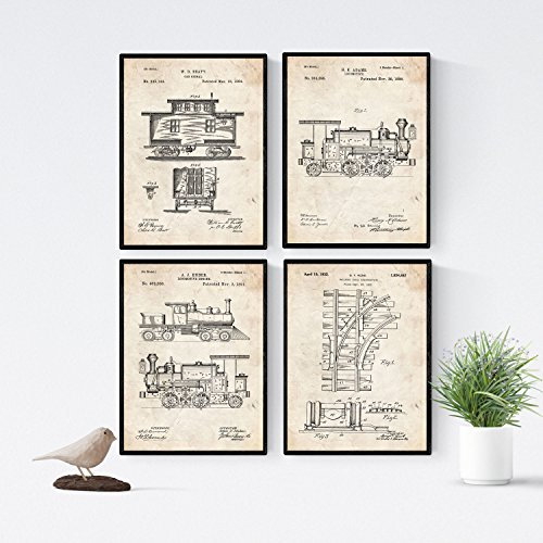 Nacnic 4 poster mit eisenbahn patenten | posterset mit erfindungen und alten werkzeugen | bilder von eisenbahnen, lokomotive, zugmaschine und zugsignal | größe a4.