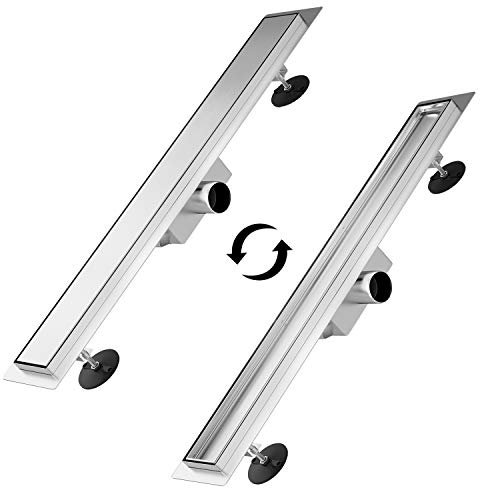 Sunnyshower Doppelseitige Duschrinne 60cm, Bodenablauf Flach mit Geruchsstop und Haarsieb Randablauf, 2 in 1 Edelstahl Ablaufrinne Komplettset mit Bodenbefestigung