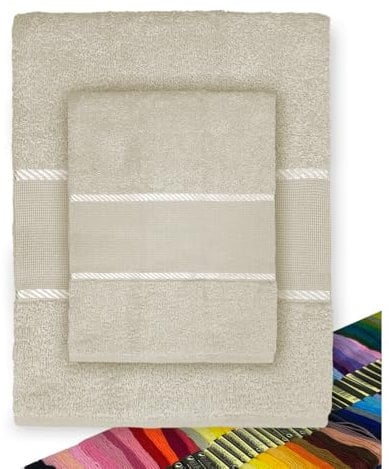 Tex family Handtuch-Set aus Frottee Aida zum Sticken, Kreuzstich 1 + 1 Gesicht und Gästehandtuch mit Garn – Taupe