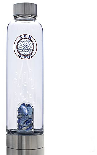 Gem Infused Crystal Water Bottle Elixir with Authentic Healing Wellness Brazilian Stones Lapis Lazuli, Neoprene Sleeve, for Love Peace and clarity 16 oz (BLUE Lapis Lazuli)