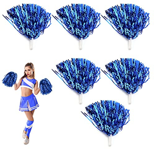 Pompones de Animadora, Pompones de Porrista con Mango 6 Colores, 6 piezas Cheerleader Pom Pom Pompones de baile para eventos deportivos, fiestas, actuaciones escénicas, celebraciones festivas (Azul)