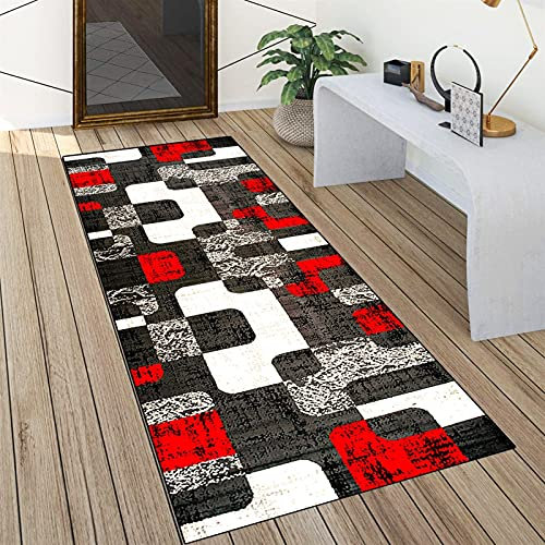 QQrunner Teppich läufer Flur Rot und Grau rutschfest 60x300cm Küchenteppich Patchwork Waschbar Meterware Schlafzimmer Korridor Teppich Lang, Länge Anpassbare, 60/70/ 80/90/ 100/110/ 120cm Breit