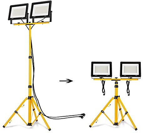 NAIZY LED Projecteur de Chantier sur Trépied Lampe de Travail 16000LM LED Floodlight avec Câble 3M Étanche IP66 pour l'intérieur et l'extérieur Chantier de Construction Garage (2 * 200W Blanc Chaud)