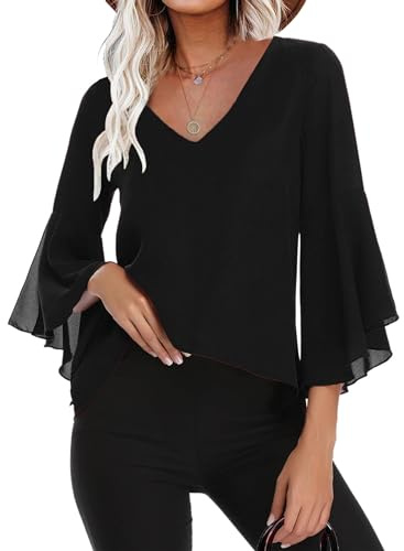 Gyabnw Blusa Donna in Chiffon Scollo a V Maniche 3/4 Volant | Tessuto leggero e traspirante, design elegante, per ufficio, cerimonie e occasioni estive