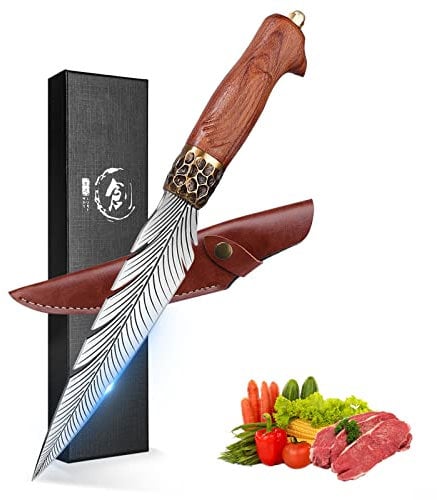 PURPLEBIRD Cuchillo Vikingo Cuchillo de deshuesar con mango de madera Cuchillo para exteriores,Cuchillo de cocina afilado con funda de cuero,Cuchillo de cocina japonés de acero al carbono