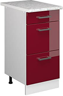 Vicco Küchenunterschrank R-Line, Bordeaux Hochglanz/Weiß, 40 cm mit Schubladen, AP Marmor