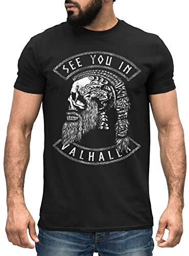 Neverless® Herren T-Shirt Wikinger Totenkpf Spruch See You in Valhalla Odin Ragnar nordische Mythologie schwarz 5XL