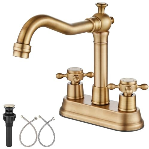 Aolemi Antique Brass 4 Inch Centerset Deck Mounted Bathroom Sink Faucet Vintage with 2 Cross Handles RV Mixer Tap Basin Vanity Lavatory Utility for Sink 3 Hole Include Water Hose & Pop Up Drain