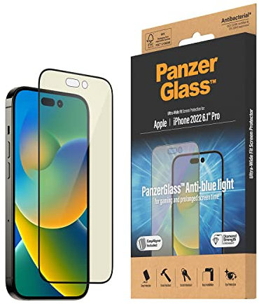PanzerGlass™ Anti-Blue Light Displayschutz für iPhone 14 Pro - kratzfester und augenschonender Screen Protector mit Blaulichtfilter für Retinaschutz - mit Positionierhilfe für einfache Anbringung
