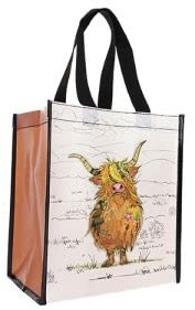 KIUB Cabas de courses en matière recyclée - motif Vache écossaise avec ses grandes cornes - format 30 * 26 cm avec épaisseur de 16CM