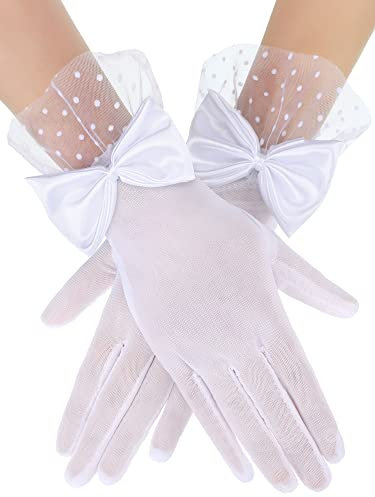 Bencailor Damen Spitzen Handschuhe Hochzeit Party Kurze Ball Elegante Handschuhe mit Schleife für Sonnenschutz Trauerfeier(Weiß)