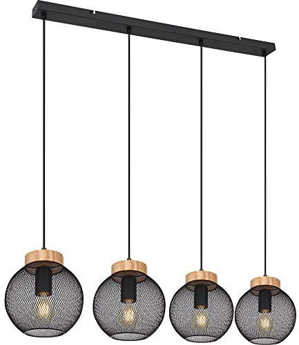 etc-shop Hängeleuchte Käfig Design Hängelampe Esstisch Pendelleuchte Holz Kugelform, Metall Gitter schwarz, Fassungen 4x E27, LxBxH 95x20x120 cm
