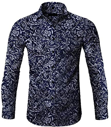 Men's Paisley Shirt Casual Long Sleeve Hawaii Shirt Leopard Floral Print Slim Fit Button Down Shirt Hippie Tops(Blue,Large)
