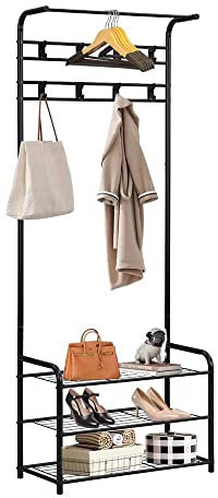 Panana 3 Tier Shelves Metal Coat Rack Stand with Shoe Storage Hallway Furniture 8 Hooks (Black), OW-HFHC02