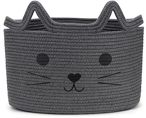 Goodheim Aufbewahrungskorb Kinder aus Baumwolle für Spielzeug und Wäsche, Wäschekorb und Spielzeugkorb in einem, Kinderzimmer Deko Graue Katze