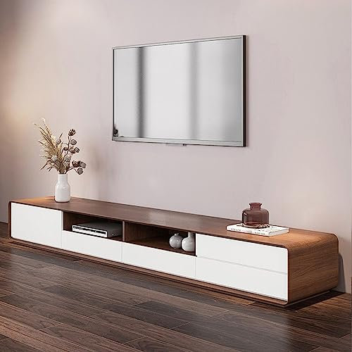 POVISON TV Schrank weiß, moderner TV-Möbel 240cm aus Holz, niedrige Multimediakonsole mit 4 Schubladen, offenes Aufbewahrungsmöbel, Nussbaumfurnier, komplett montiert.