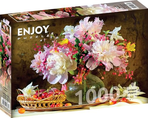 1000 Pieces Jigsaw Puzzle for Adults – Matte Finish, Soft Touch, Sturdy and Unique Pieces, Tight Fit, Vivid Colors, Missing Pieces Service – Still Life with Pink Peonies and Cherries – by ENJOY Puzzle