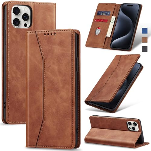 Jasonyu Coque pour iPhone 15 Pro Flip Etui,Marron | Housse en Cuir PU Portefeuille,Porte Cartes,Compartiment à espèces,Antichoc,Magnétique,Stand Fonction