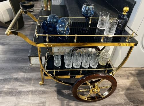Casa Padrino Luxus Servierwagen Gold/Braun/Schwarz 98 x 48 x H. 85 cm - Edelstahl Trolley mit Glasplatten - Hotel Restaurant Gastronomie Trolley - Hotel & Restaurant Accessoires