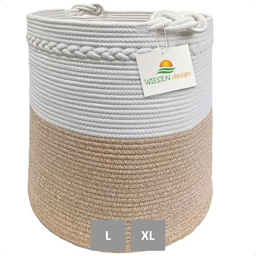 WIESEN.design Korb KNUT Ø46xH48 cm Hellbraun/Weiß/80L, Wäschekorb geflochten aus Baumwolle, Wäschesammler, Aufbewahrungskorb groß, Korb geflochten, faltbarer Wäschekorb, Wäschetonne, laundry basket