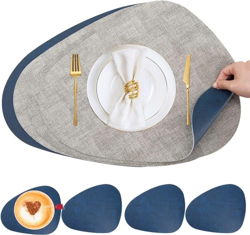 Tovagliette Americane Lavabili,Set di Tovagliette in Pelle e Sottobicchieri Set di 4,Tovagliette Americana,Doppio Lato Tovagliette per Tavolo da Cucina(Grigio Chiaro&Blu)