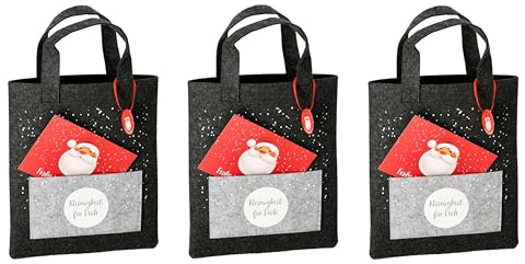 MC-Trend Filztasche Weihnachten mit Postkarte und Henkel aus Filz anthrazit mit Spruch 26 cm Geschenktasche Geschenktüte für Geschenke Geld Briefe Gutscheine Bücher Deko (3er SET)