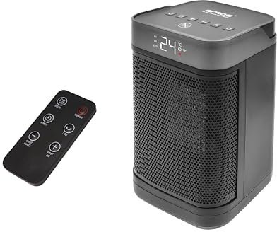 AMOS Electric Oscillating Fan Space Heater, 1500W, with Remote Control and Thermostat. three speeds, a timer, LED display, energy-saving ECO mode, and tip-over protection.