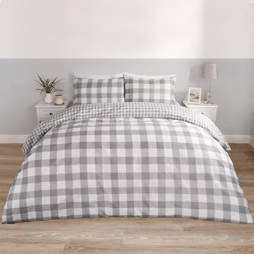 OHS Grey Double Duvet Set, Reversible Check Bedding Super Soft Double Quilt Covers with Pillowcases Luxury Decorative Double Bed Bedding Sets, Grey Gingham