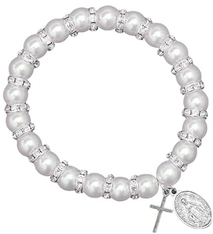 Zernblend Jungfrau Maria Armband, Perlenarmband mit Kreuz, Armband Kommunion Mädchen, Geschenke zur Erstkommunion