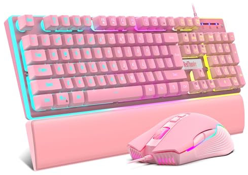 RedThunder K10 Wired Gaming Keyboard and Mouse and Wrist Rest Combo, RGB Backlit, Mechanical Feel Anti-ghosting Keyboard + 7D 7200 DPI Mice+Soft Leather Wrist Rest 3 in 1 PC Gamer Accessories(Pink)