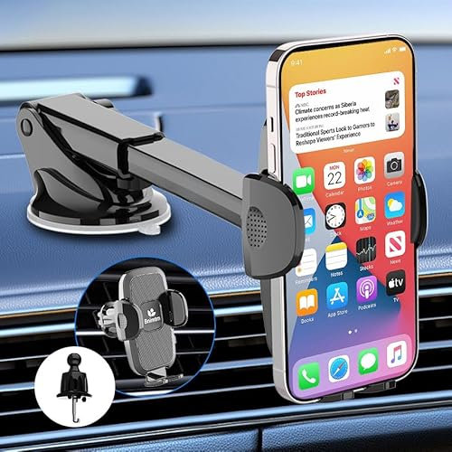 Bnimtm Car Phone Holder [Upgraded Strong Suction & Sturdy Vent Clips] Phone Holder for Cars for Dashboard/Windscreen/Air Vent - One Button Release Car Phone Cradle for iPhone 4.0''-7.0'' Phones, Black
