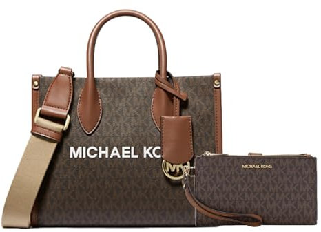 Michael Michael Kors Mirella Small Signature Logo Crossbody Bag Bundle with Jet Set Large Leather Smartphone Wristlet Wallet, Braun