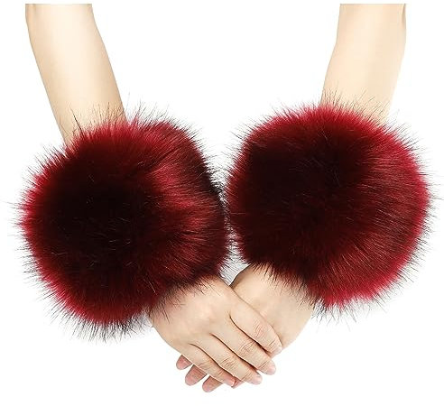 sy soul young Damen Kunstpelz Handgelenk Manschetten Winter Fuchs Pelz Armbänder Fluffy Pelz Manschette Pulswärmer Armwärmer Zubehör(Burgendy)